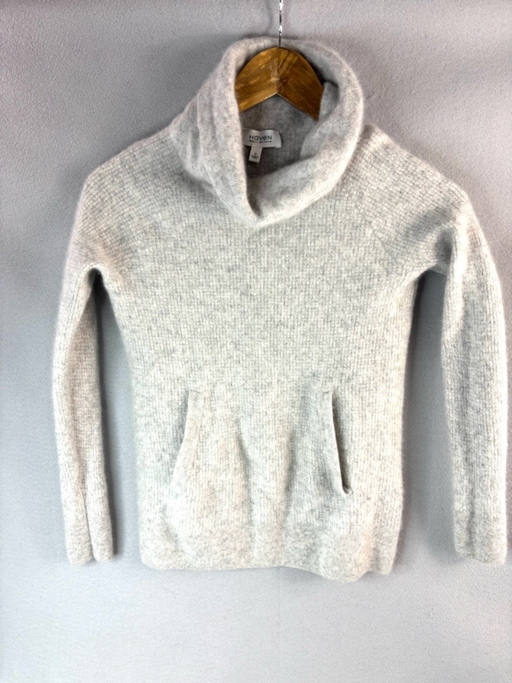 Haven Well Within XS-S Cashmere Cowl Neck Sweater w Kangaroo Pocket in Pale Gray